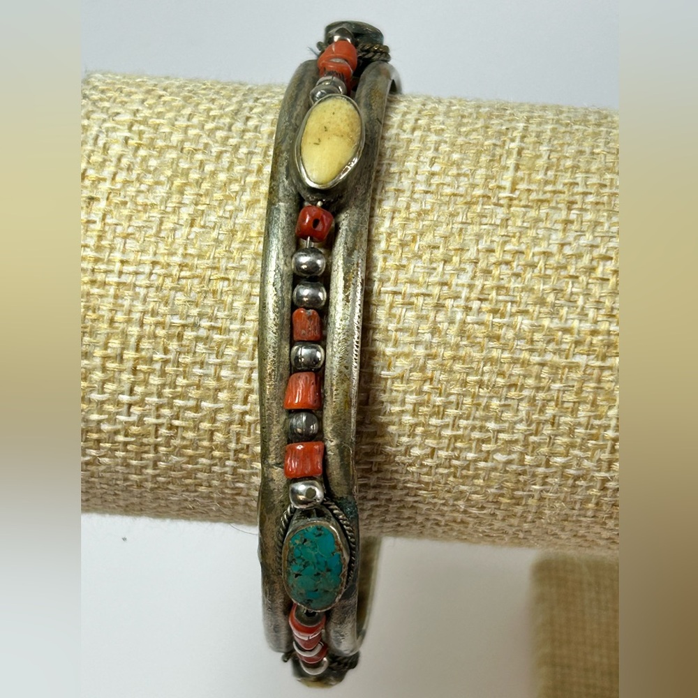 Vintage Turquoise Coral Ivory Bone Handcrafted Tribal Ethnic Bangle Bracelet - Picture 2 of 4